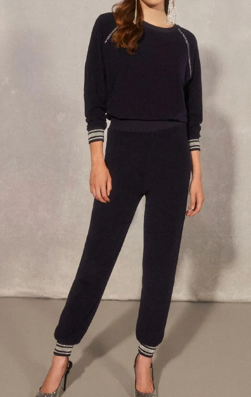 Women's Stylish Outdoor Outfit All That Glitters French Terry Lounge Set In Navy/silver Women's Stylish Outdoor Outfit All That Glitters French Terry Lounge Set In Navy/silver
