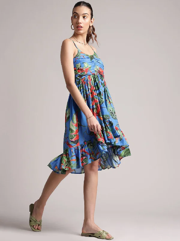 High-End Women's Apparel Blue Muslin Tropical Fit & Flare Dress