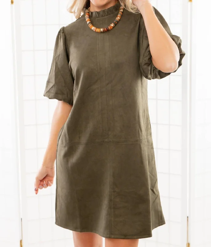 Urban Femme Streetwear Suede Puff Sleeve Dress In Olive Green
