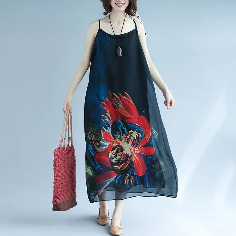 Limited Time fashion black chiffon holiday dress Spaghetti Strap floor length dress print summer dress