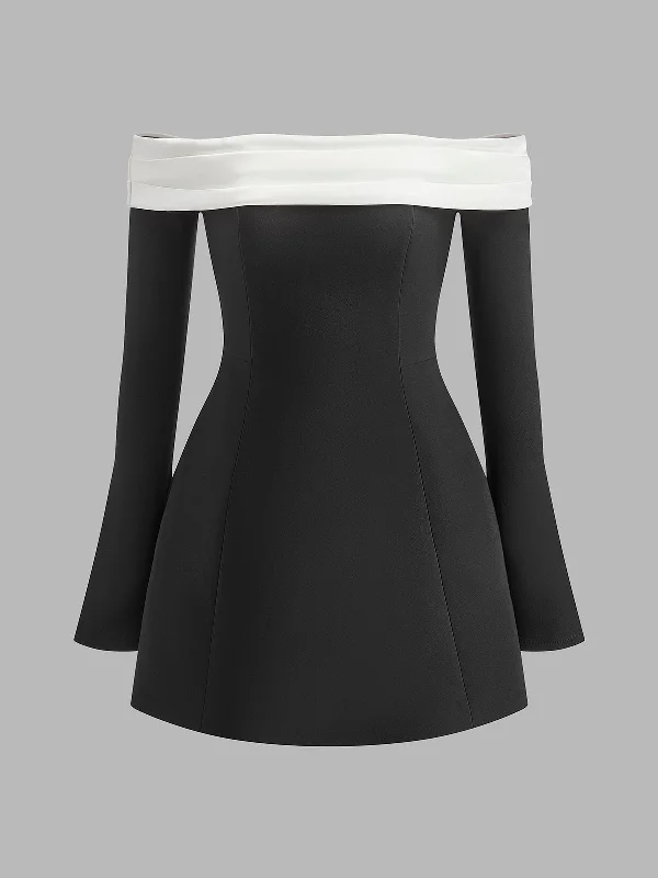 Seasonal Trends Color Block Off-Shoulder Bell Sleeve Dress