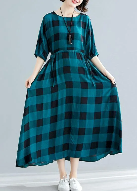 Women Online Clothing Boutiques Loose green plaid cotton dress half sleeve Dresses summer Dresses