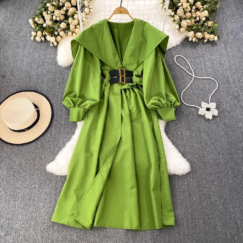 Innovate Your Wardrobe lantern sleeve mid-length dress V-neck irregular slit dress S3993 Innovate Your Wardrobe lantern sleeve mid-length dress V-neck irregular slit dress S3993
