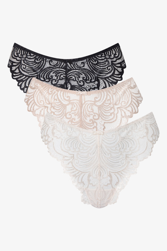 Formal Attire For Women 3 Pack Lace Thongs Black, Natural & White