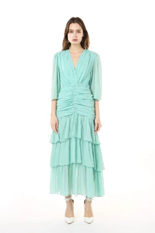 Stylish Statements V Neck Tiered Flounce Chiffon Tea Length Dress