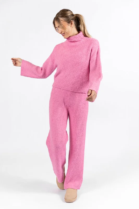 Women's Stylish Casual Garments Keep It Comfy Candy Pink Fuzzy Turtleneck Sweater Set FINAL SALE