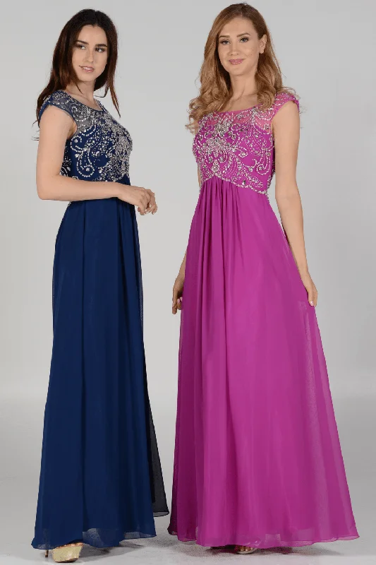 Fashion Women's Clothing Long Cap Sleeve Dress with Jeweled Bodice by Poly USA 7122