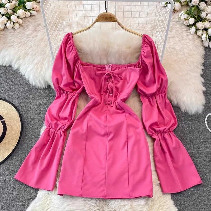 Trendy Fashion For Women Puff Sleeve Square Neck Mid-Length Dress Fashionable Skirt S4012 Trendy Fashion For Women Puff Sleeve Square Neck Mid-Length Dress Fashionable Skirt S4012