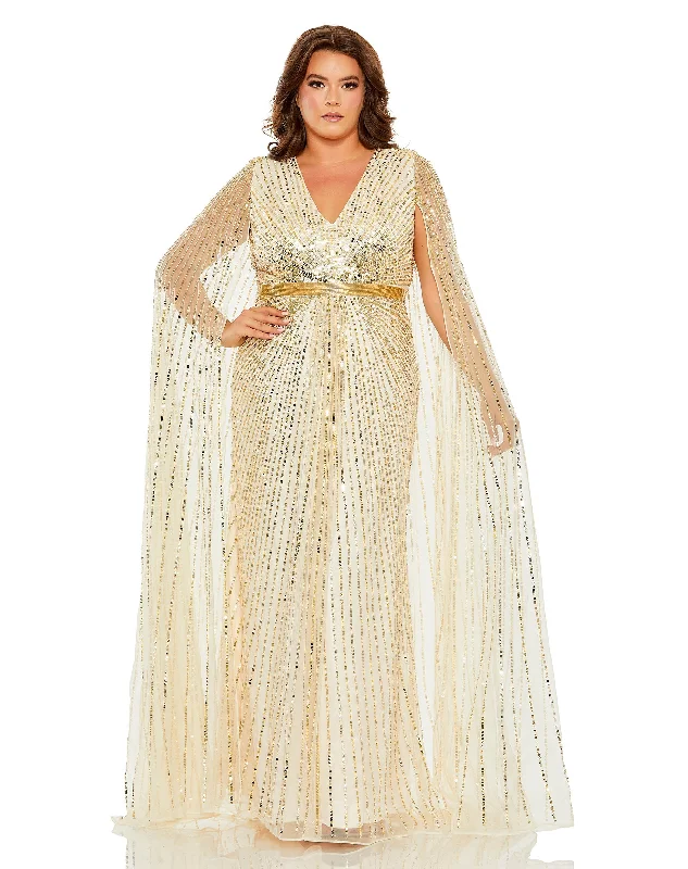 Fashion Essentials Mac Duggal 5804 Long Plus Size Sequined V Neck Cape Sleeve Dress