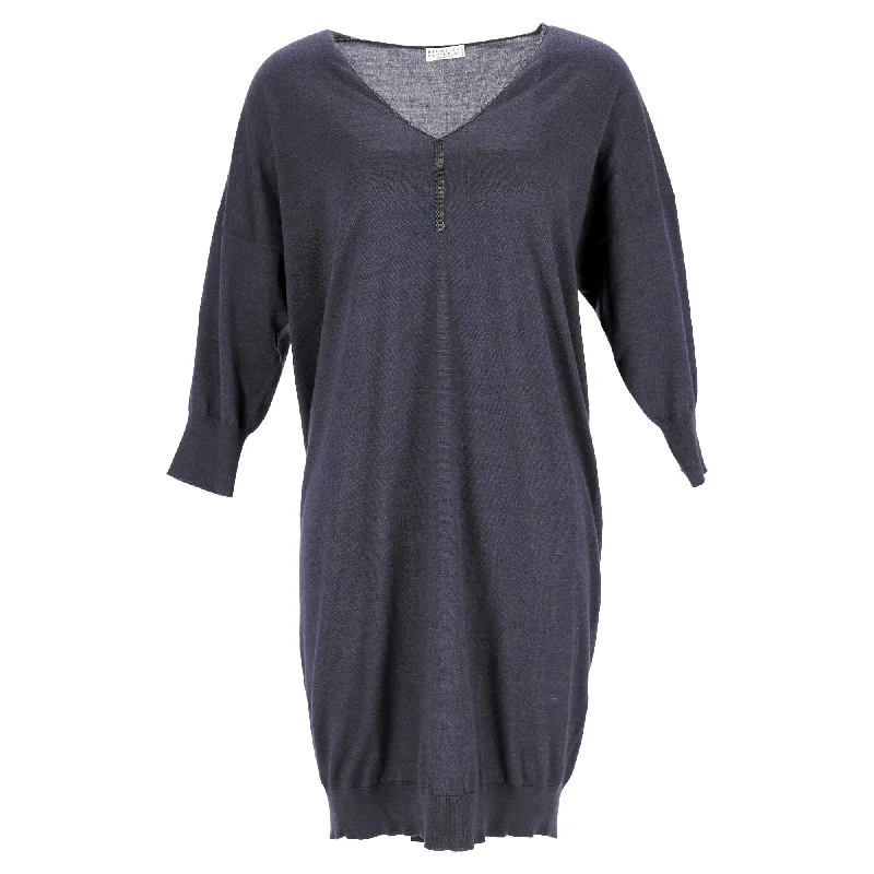 Budget Friendly Brunello Cucinelli Bead-Embellished V-Neck Knee-Length Dress in Navy Blue Cashmere
