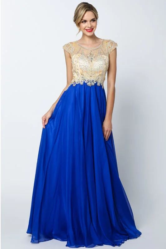 Sophisticated Style Beaded Long Cap Sleeve Dress by Juliet 636