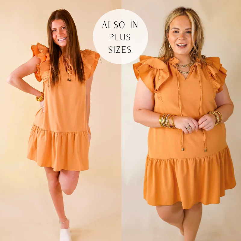 Trendy And Individual Women's Fashion Powerful Love Ruffle Cap Sleeve Dress with Keyhole and Tie Neckline in Sunset Orange Trendy And Individual Women's Fashion Powerful Love Ruffle Cap Sleeve Dress with Keyhole and Tie Neckline in Sunset Orange
