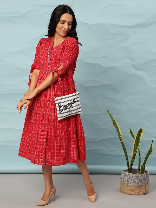 Festival Fashion Red Cotton Checkered Flared Western Dress