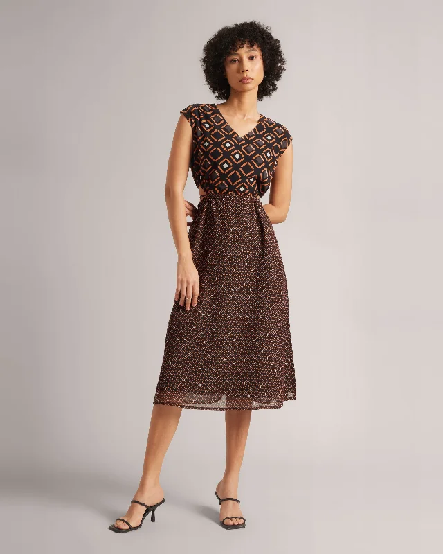 Limited Time Offer Black and Orange Geometric Cut-Out Dress