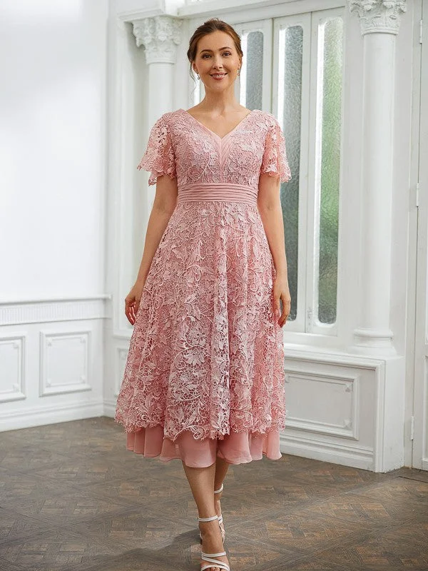 Trendy Threads A-Line/Princess Chiffon Applique V-neck Short Sleeves Tea-Length Dresses Trendy Threads A-Line/Princess Chiffon Applique V-neck Short Sleeves Tea-Length Dresses