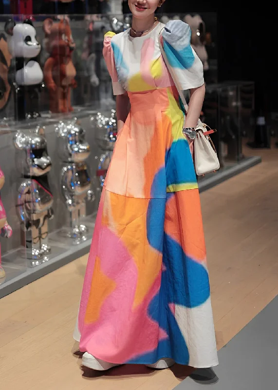 Comfortable Chic Holiday Style Printed Patchwork Bubble Sleeve Dress