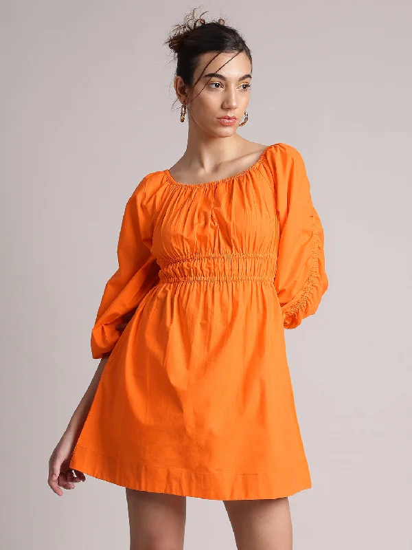 Women's Party Clothes Orange Poplin Solid Fit & Flare Dress