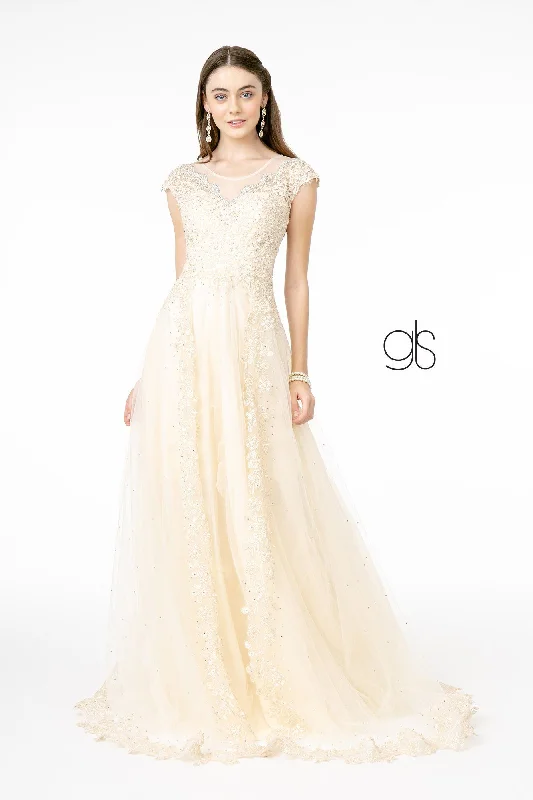 Clearance Sale Embroidered Long Cap Sleeve Dress by Elizabeth K GL2882
