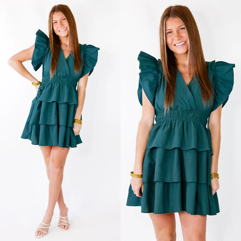 Must Haves The Perfect Night Ruffle Cap Sleeve Dress in Dark Teal