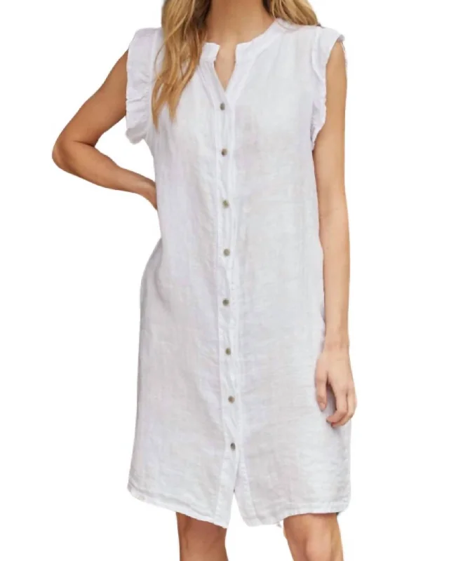 Find Your Unique Flair Linen Ruffle Cap Sleeve Dress In White