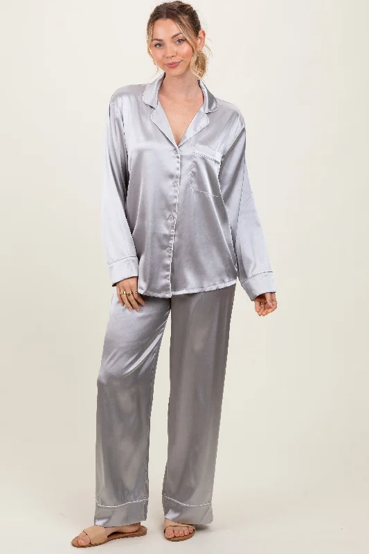 Trendy Athleisure Clothing For Women Silver Satin Contrast Trim Long Sleeve Pajama Set Trendy Athleisure Clothing For Women Silver Satin Contrast Trim Long Sleeve Pajama Set