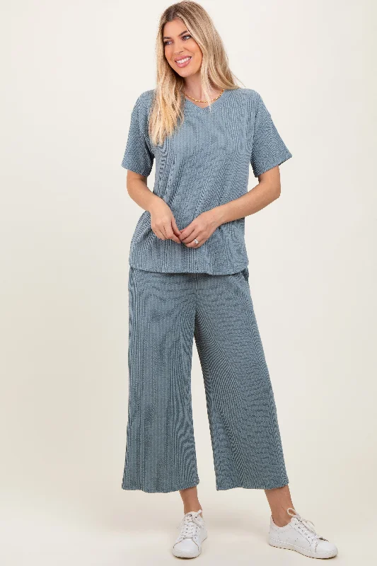 Stylish Women's Attire Dark Teal Ribbed Short Sleeve Top Pajama Set