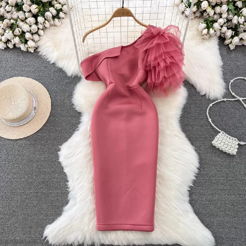 Chic Wardrobe Essentials one-sided ruffled sleeves off-shoulder mid-length dress with ruffled sleeves dress S4306 Chic Wardrobe Essentials one-sided ruffled sleeves off-shoulder mid-length dress with ruffled sleeves dress S4306
