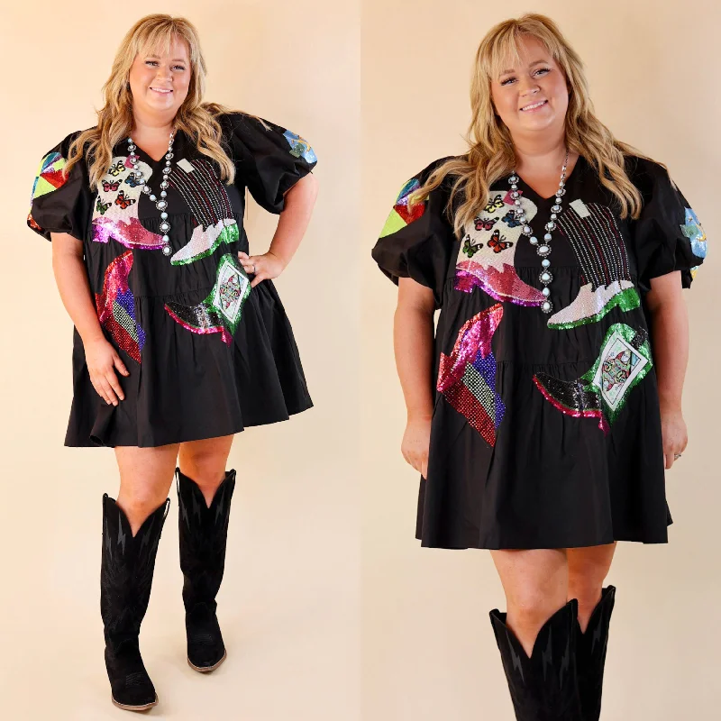 Shop Sales Queen Of Sparkles | Boot Scootin' Sequin Boot Icon Short Balloon Sleeve Dress in Black Shop Sales Queen Of Sparkles | Boot Scootin' Sequin Boot Icon Short Balloon Sleeve Dress in Black