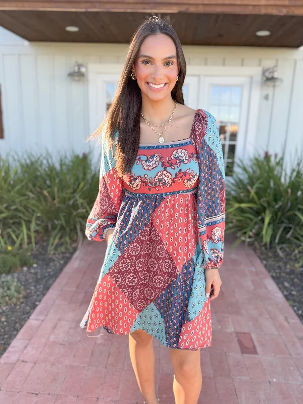 Comfort Centric Apparel The Rayne Printed Balloon Sleeve Dress-Rust