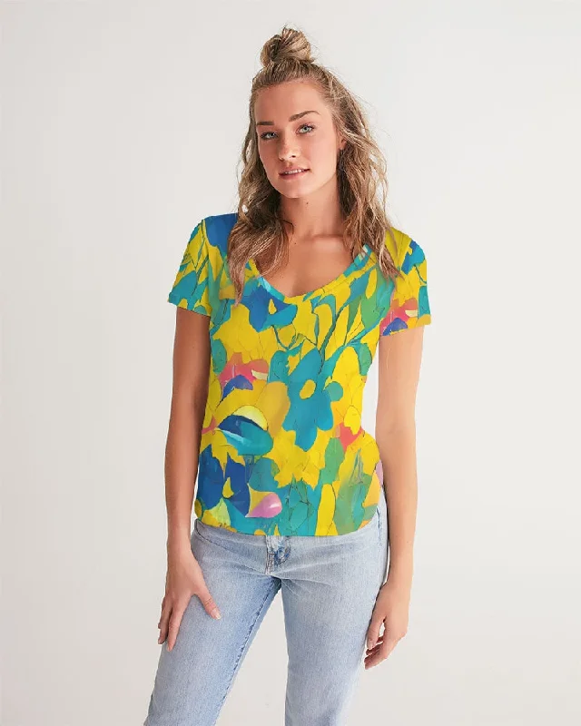 Women's Wedding Apparel Beautiful yellow and blue hint of red pattern Women's V-Neck Tee Women's Wedding Apparel Beautiful yellow and blue hint of red pattern Women's V-Neck Tee