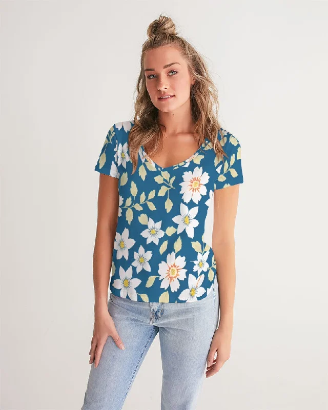Women's Clothing For Work Dark blue background and white flower pattern Women's All-Over Print V-Neck Tee Women's Clothing For Work Dark blue background and white flower pattern Women's All-Over Print V-Neck Tee