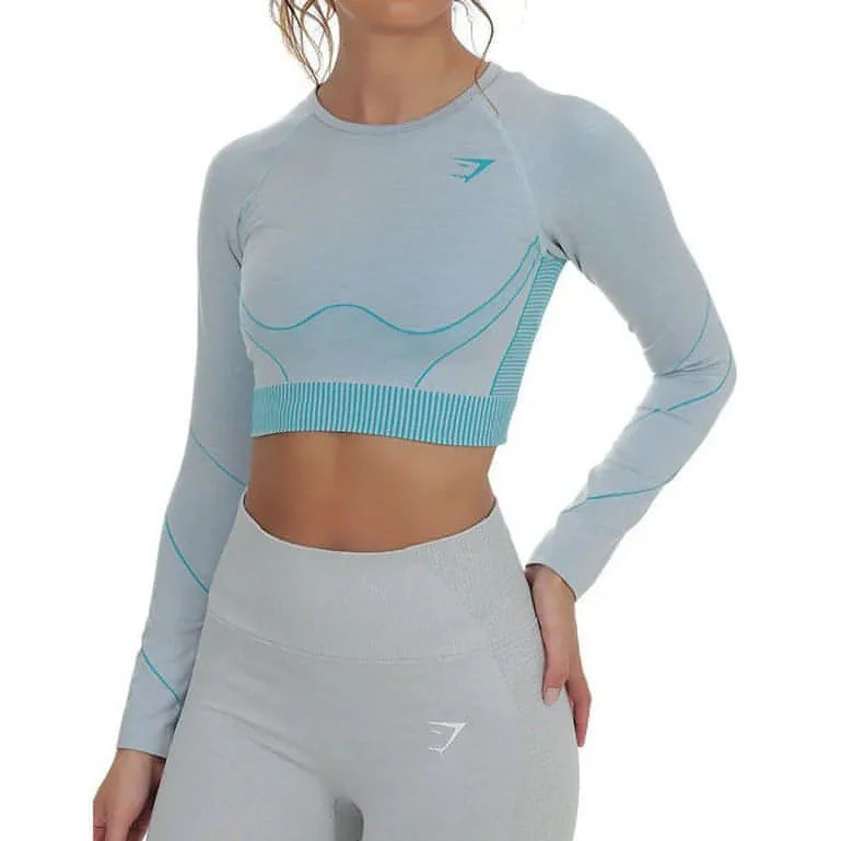 Affordable Women's Clothing Gymshark Hyper Amplify Seamless Womens Long Sleeve Crop Top - Blue Affordable Women's Clothing Gymshark Hyper Amplify Seamless Womens Long Sleeve Crop Top - Blue