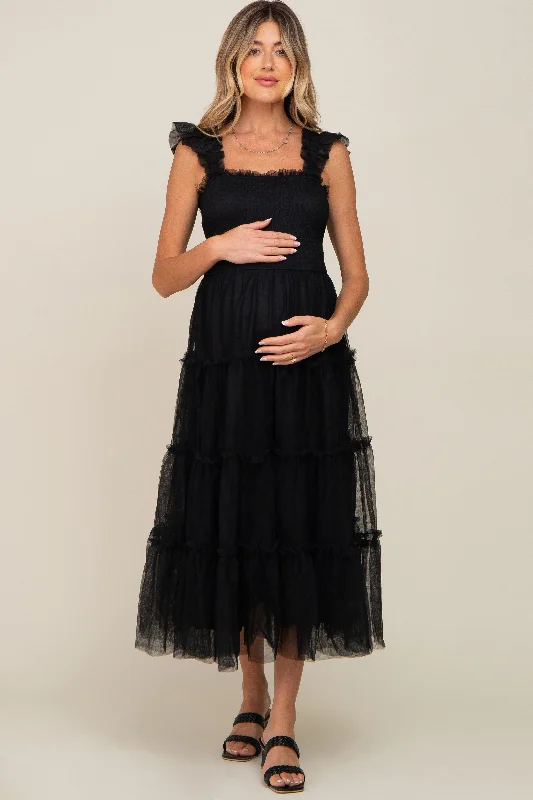 Charming Women's Holiday Apparel Black Smocked Mesh Ruffle Accent Maternity Midi Dress