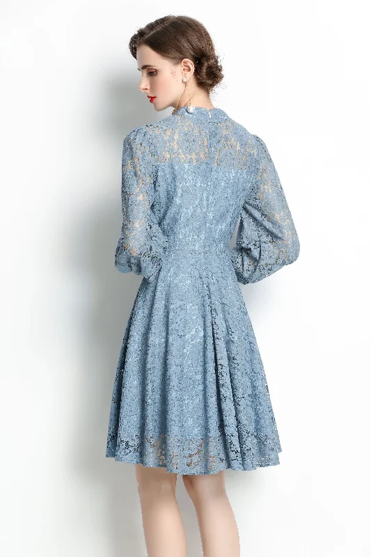 Casual Clothing For Women Blue Evening A-line Crewneck Long Sleeve Above Knee Lace Dress