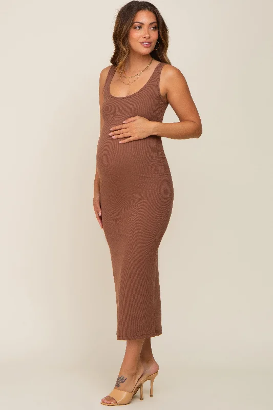 Women's Outerwear Clothing Brown Ribbed Basic Maternity Maxi Dress