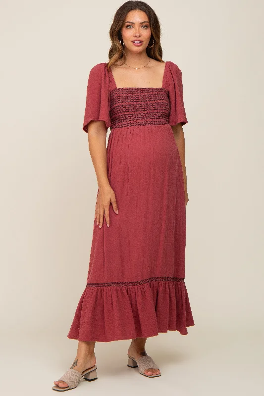 Women's Sporty Clothes Burgundy Embroidered Smocked Square Neck Open Back Maternity Midi Dress