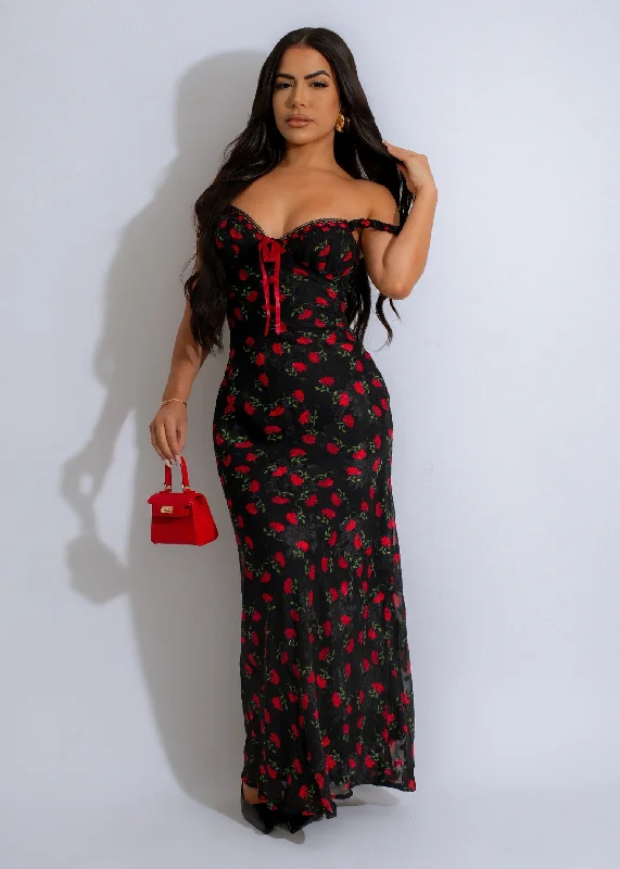 Women's Comfy Attire For Lounging Crimson Blooms Maxi Dress Black