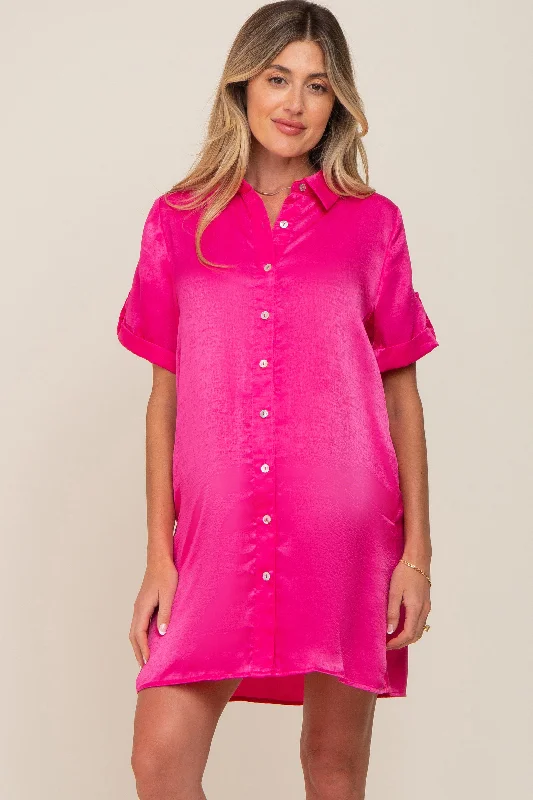 Women's Luxury Garments Fuchsia Satin Button Front Short Sleeve Maternity Dress