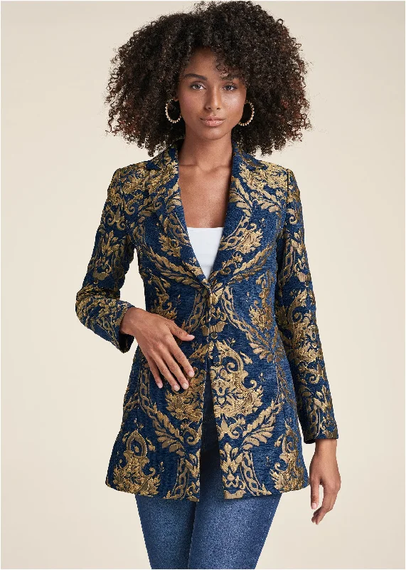 Women's Plus-Size Clothes Jacquard Paisley Blazer - Blue Multi