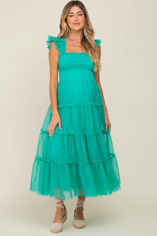 Classic Women's Clothing Styles Jade Smocked Mesh Ruffle Accent Maternity Midi Dress