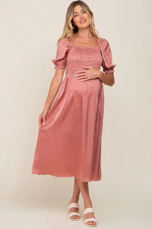 Women's Cozy Clothes Pink Satin Puff Sleeve Maternity Midi Dress