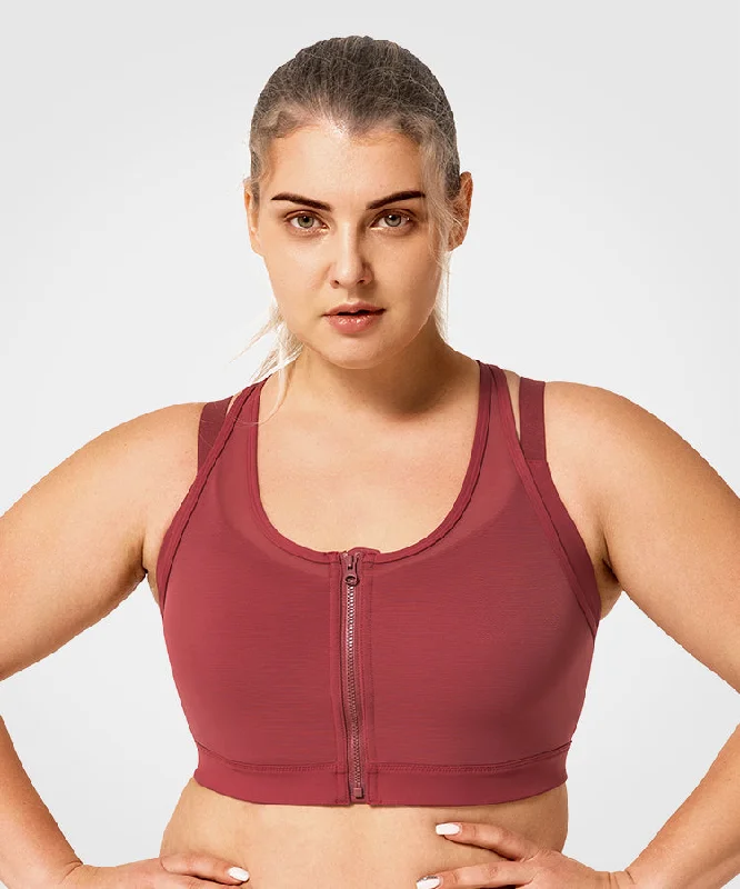 Women's Cozy Winter Attire Power Zip Front Mesh Padded Running Bra | Women's High Support Sports Bra (Plus Size)