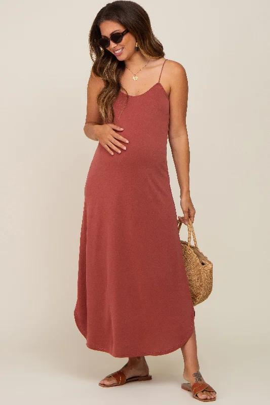 Women's Travel Apparel Rust Basic Maternity Midi Dress