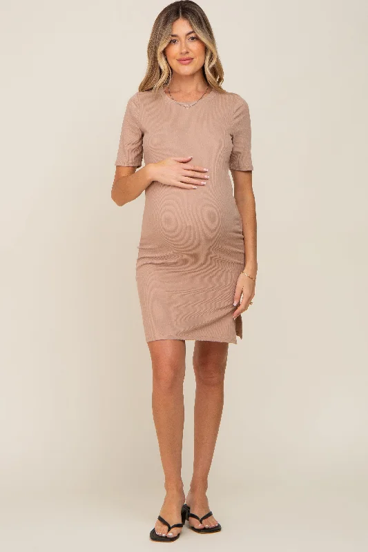 Chic Women's Garments Taupe Ribbed Basic Short Sleeve Maternity Dress