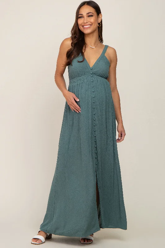 Affordable Women's Clothes Teal Button Front Accent Maternity Maxi Dress