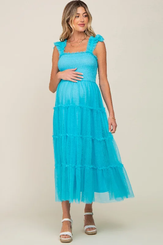 Women's Vintage Attire Turquoise Smocked Mesh Ruffle Accent Maternity Midi Dress