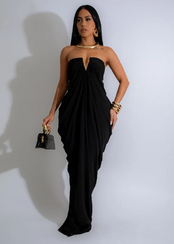 Women's Luxury Apparel Venus Charm Ruched Maxi Dress Black