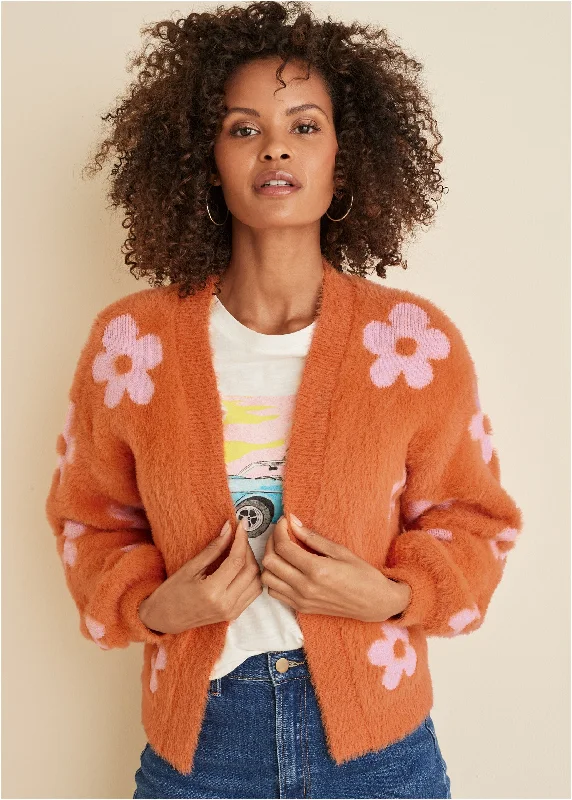 Women's Holiday Apparel Daisy Eyelash Cardigan - Neon Orange