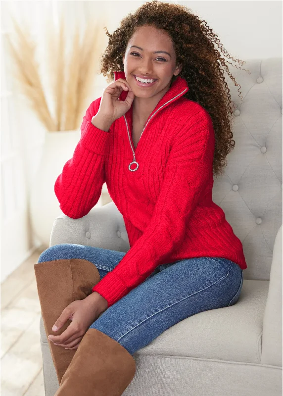 Women's Relaxed Clothes Quarter Zip Sweater - Red