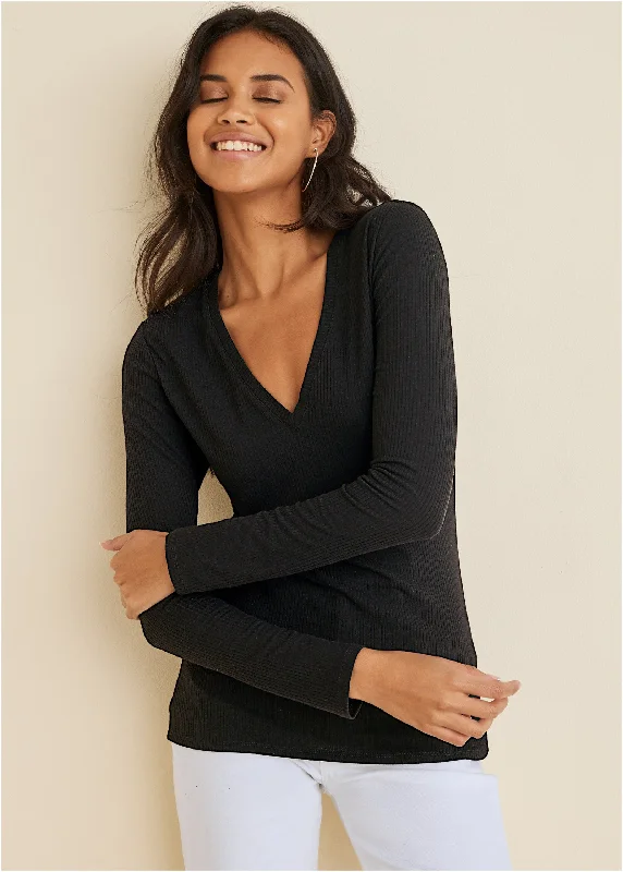 Women's Transitional Garments Ribbed Long Sleeve V-Neck - Black